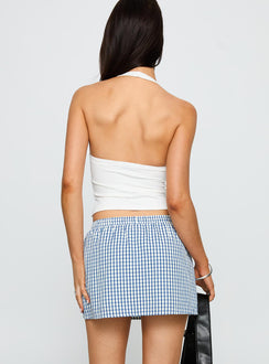 back view of model wearing Princess Polly My Way Skort Blue Gingham Low Rise Shorts 