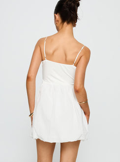 back view of model wearing Princess Polly Vista Amora Bubble Hem Mini Dress White Square Neck 