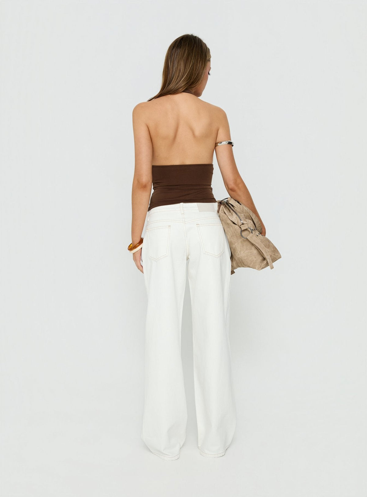 Designed with Tidal Wave Low Rise Straight Leg Jeans Cream in womens-jeans featuring low-rise waist back view of model wearing Princess Polly
