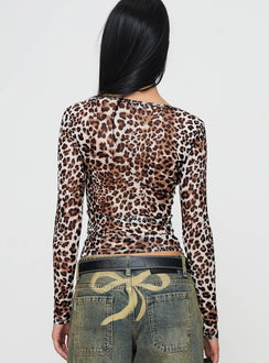 back view of model wearing Princess Polly Believe Me Long Sleeve Top Leopard Full Sleeves Scoop Neck 