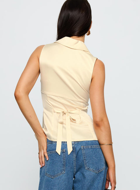 back view of model wearing Princess Polly My Truth Satin Top Cream Sleeveless Plunger 