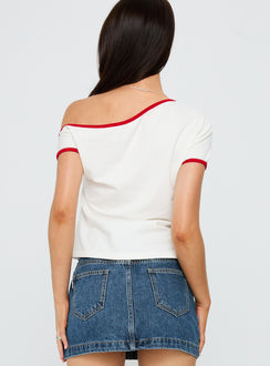 back view of model wearing Princess Polly Kelsa Off Shoulder Contrast Trim Top White / Red Short Sleeves Asymmetric Neckline 