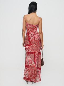 back view of model wearing Princess Polly Sugar Plum Maxi Dress Red Paisley V-Neck 