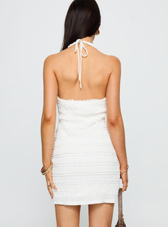back view of model wearing Princess Polly Seashores Halter Mini Dress White V-Neck 