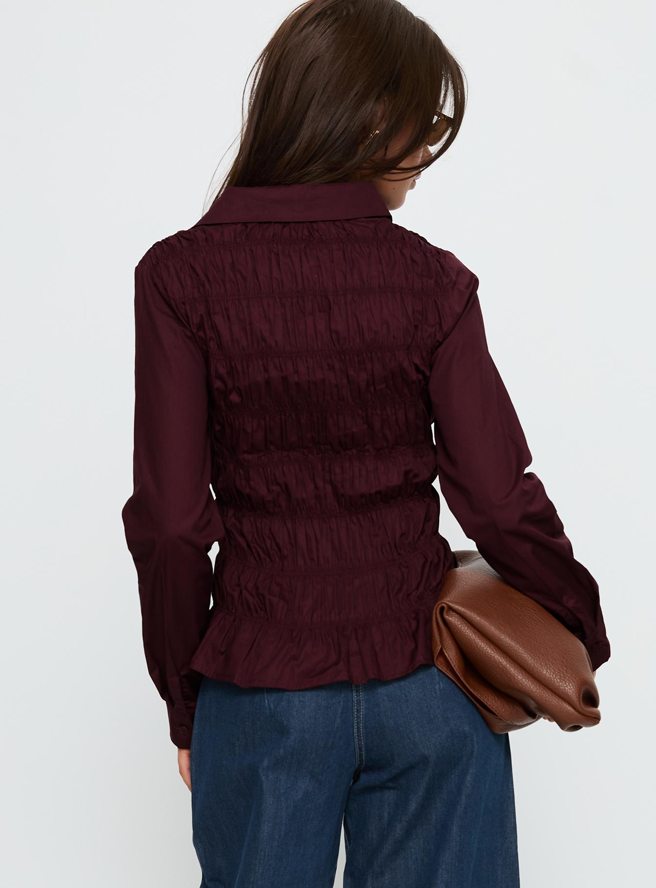 Cultivate Shirred Long Sleeve Top Plum