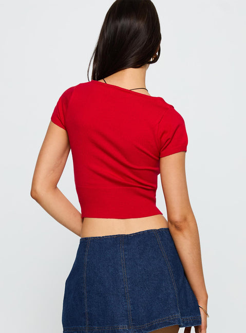 back view of model wearing Princess Polly Pretty Sweet Button Up Top Red Short Sleeves Scoop Neck 