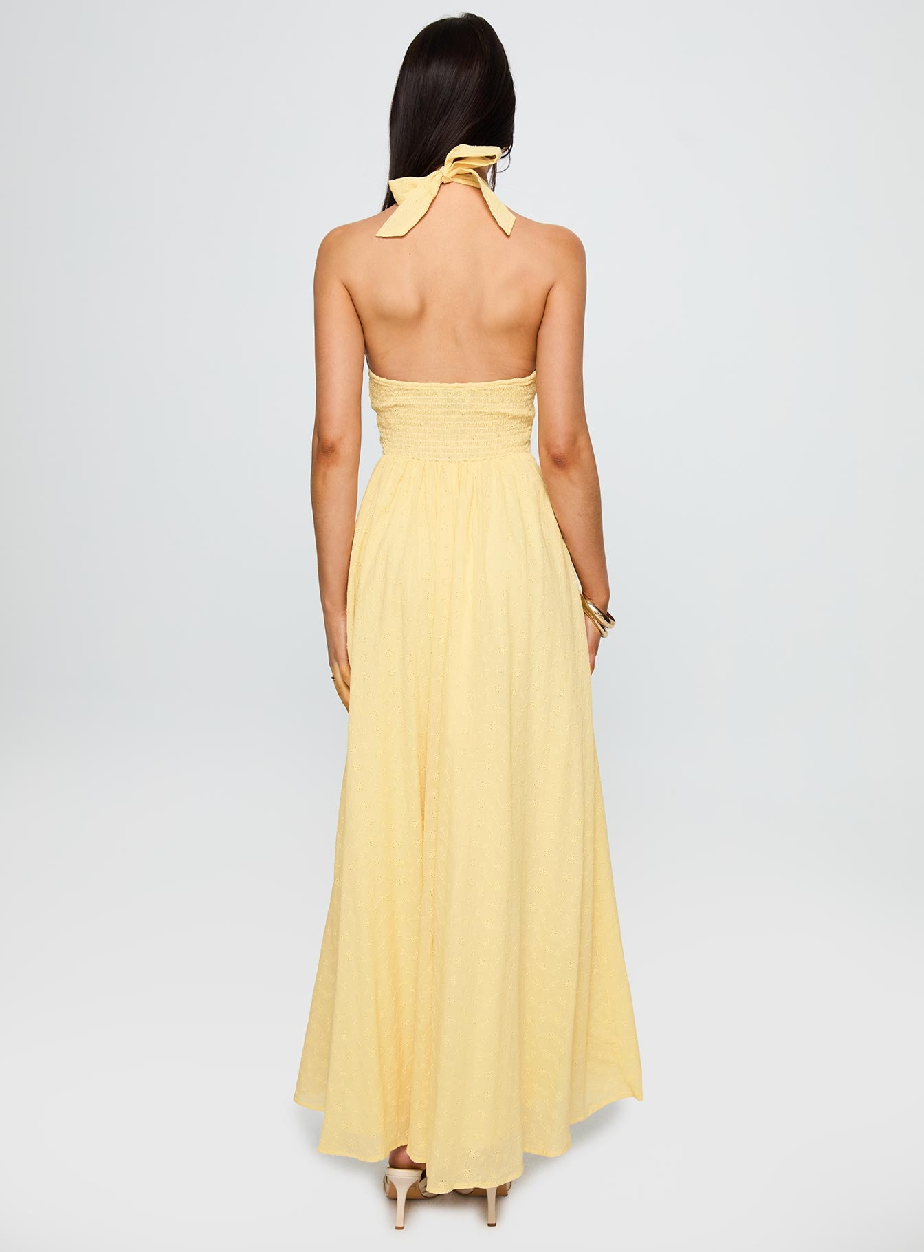 back view of model wearing Princess Polly Summer State Halter Maxi Dress Yellow Plunger 