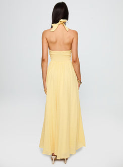 back view of model wearing Princess Polly Summer State Halter Maxi Dress Yellow Plunger 
