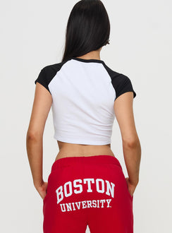 back view of model wearing Princess Polly Boston Homerun Graphic Top White / Black Short Sleeves Crew Neck 