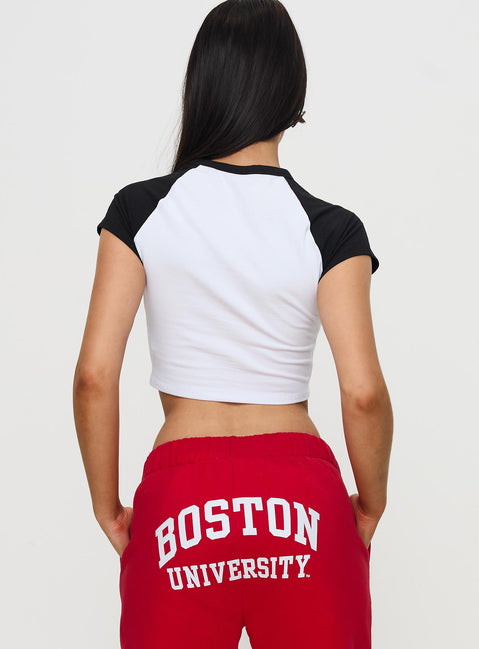 back view of model wearing Princess Polly Boston Homerun Graphic Top White / Black Short Sleeves Crew Neck 
