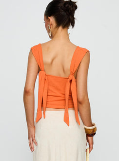 back view of model wearing Princess Polly Steward Top Orange Sleeveless Plunger 