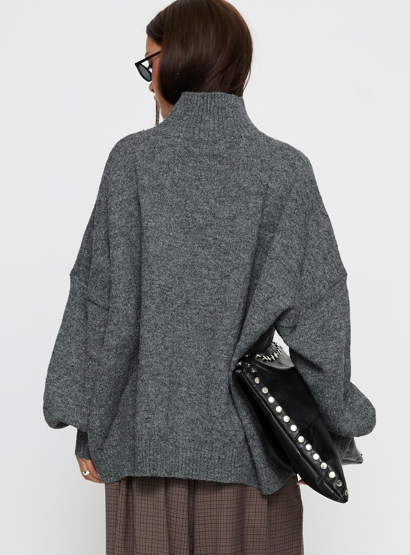 back view of model wearing Princess Polly Patrizia Funnel Neck Knit Sweater Grey Long 