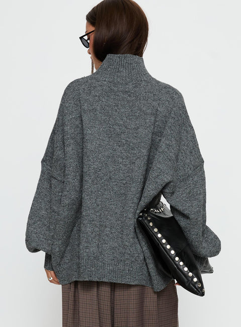 back view of model wearing Princess Polly Patrizia Funnel Neck Knit Sweater Grey Long 