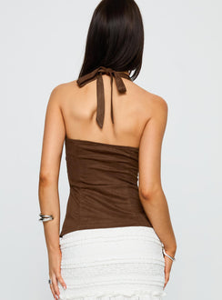 back view of model wearing Princess Polly Dance For You Faux Suede Halter Top Brown Sleeveless V-Neck 