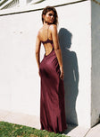 back view of model wearing Princess Polly Sugarina Lace Maxi Dress Wine Cowl Neck 