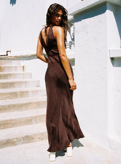 back view of model wearing Princess Polly Karlotta Lace Bias Maxi Dress Brown Plunger 