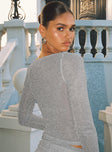 side view of model wearing Princess Polly Crystal Clear Long Sleeve Mesh Top Silver Full Sleeves High Neck 