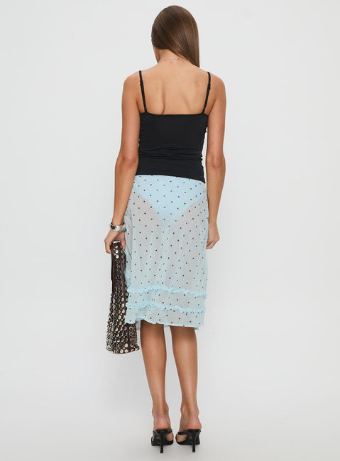 back view of model wearing Princess Polly Lyza Sheer Midi Skirt Blue Polka Midi Skirts 