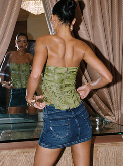 back view of model wearing Princess Polly Mochi Corset Top Green Sleeveless Sweetheart 