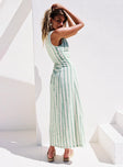 side view of model wearing Princess Polly Lewisa Maxi Dress Green Stripe Petite Scoop Neck 