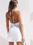 back view of model wearing Princess Polly Thomasina Linen Halter Dress White Plunger 