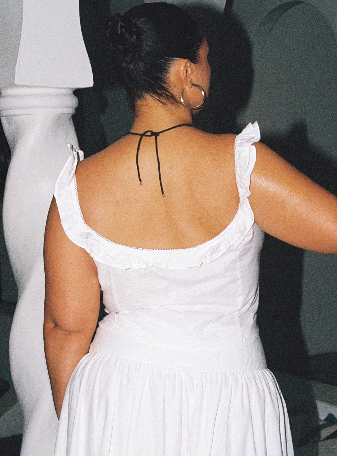 back view of model wearing Princess Polly Isadoria Frill Top White Curve Sleeveless Scoop Neck 