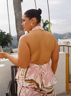 back view of model wearing Princess Polly Alessio Halter Top Multi Curve Sleeveless Plunger 