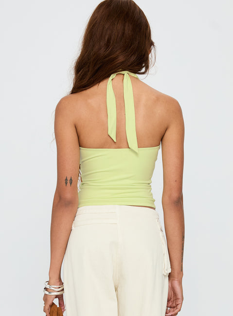 back view of model wearing Princess Polly Assumptions Halter Top Sage Sleeveless Square Neck 
