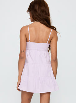 back view of model wearing Princess Polly Tylie Tiered Mini Dress Lilac Sweetheart Neckline 