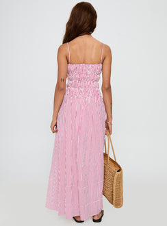 back view of model wearing Princess Polly Loralei Shirred Maxi Dress Red Stripe Square Neck 