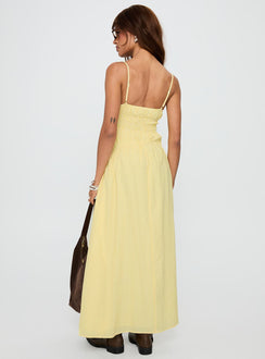 back view of model wearing Princess Polly Magnolie Shirred Maxi Dress Yellow Stripe Square Neck 