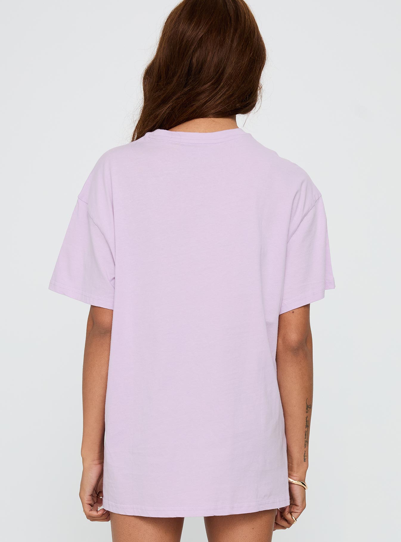 back view of model wearing Princess Polly Malibu Sunset Oversized Graphic Tee Purple Half Sleeves Crew Neck 