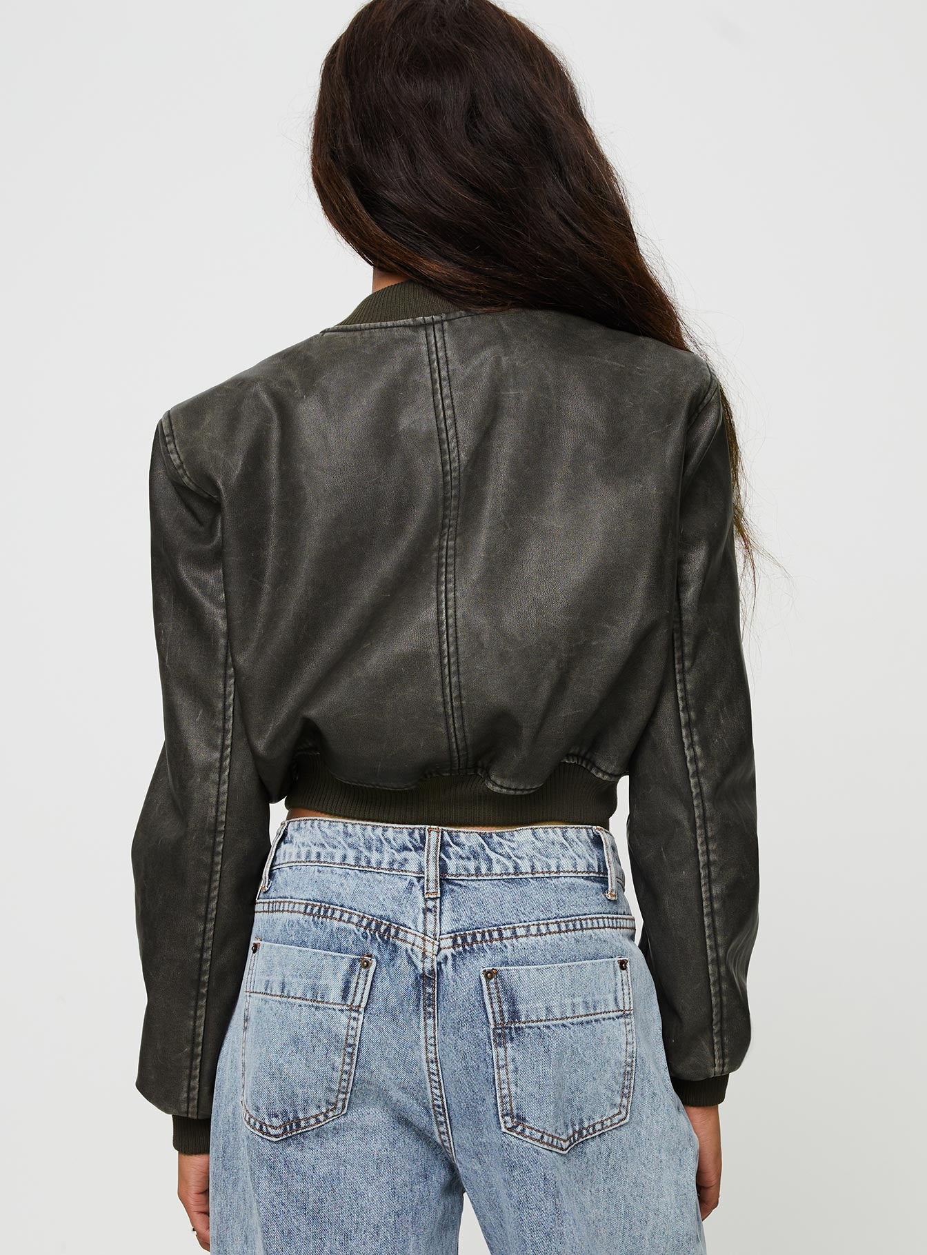 Faux leather bomber jacket High neckline, zip fastening, twin hip pockets, elasticated waistband and cuff