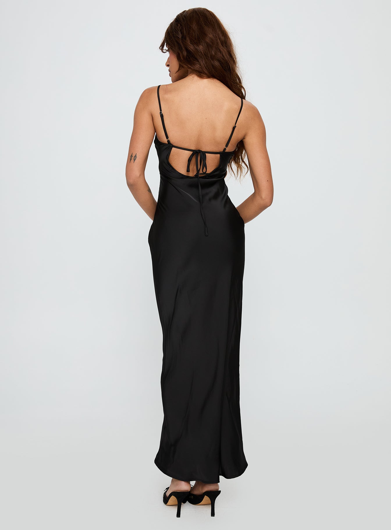 back view of model wearing Princess Polly Mind Reader Maxi Dress Black Scoop Neck 
