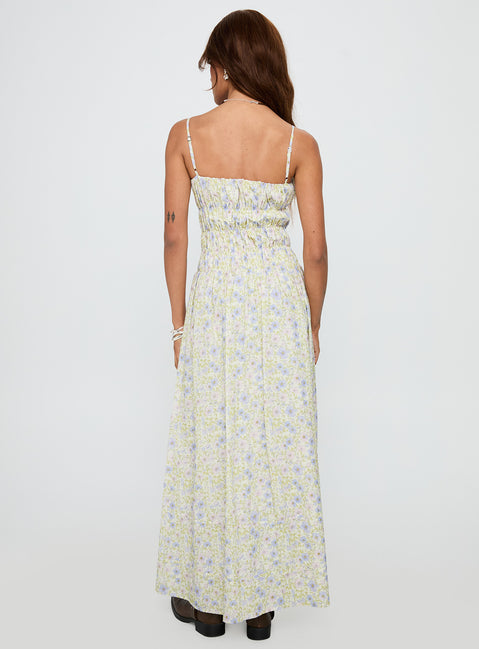 back view of model wearing Princess Polly Loralei Shirred Maxi Dress Floral Square Neck 