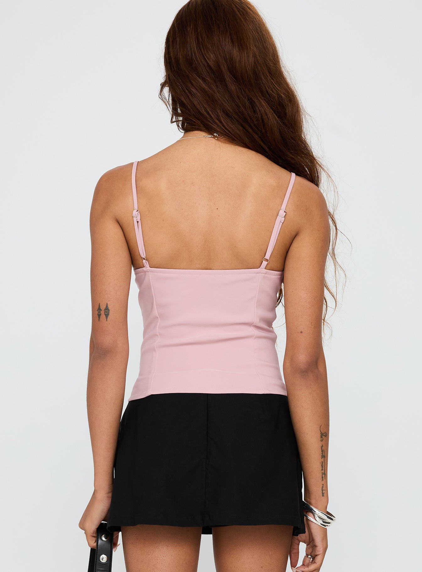 back view of model wearing Princess Polly Kiss And Tell Top Blush Sleeveless Square Neck 