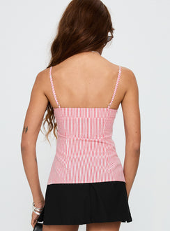 back view of model wearing Princess Polly In Your Palm Top Red Stripe Sleeveless Sweetheart 