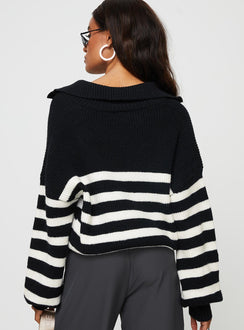 back view of model wearing Princess Polly Williamson Stripe Sweater Black / Cream 