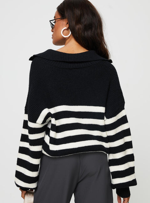 back view of model wearing Princess Polly Williamson Stripe Sweater Black / Cream 