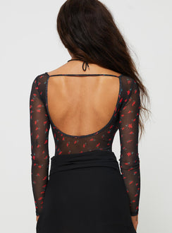 back view of model wearing Princess Polly Lamaro Long Sleeve Bodysuit Black / Red Floral Full Sleeves Sweetheart 