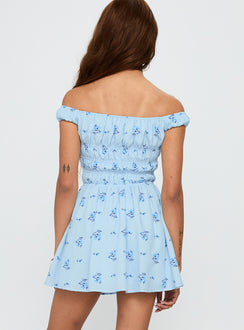 back view of model wearing Princess Polly These Are The Days Shirred Mini Dress Blue Multi Straight Neck 