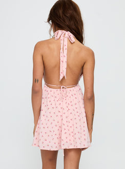 back view of model wearing Princess Polly Saddler Mini Dress Pink Floral Plunger 