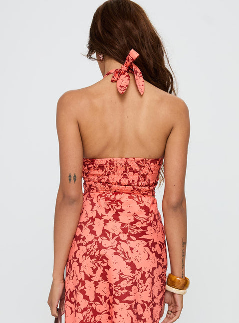back view of model wearing Princess Polly Casablanca Halter Top Red Floral Sleeveless Plunger 