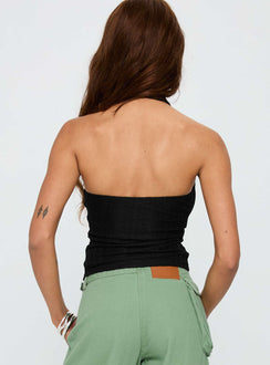 back view of model wearing Princess Polly Just Talk Button Up Top Black Sleeveless Scoop Neck 