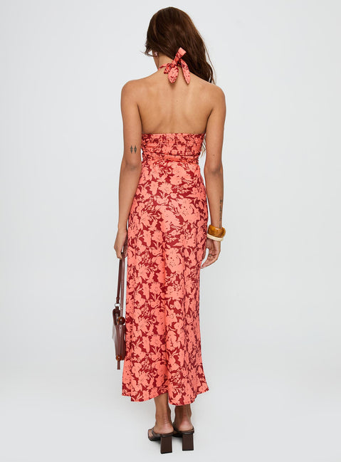 back view of model wearing Princess Polly Casablanca Maxi Skirt Red Floral Maxi 