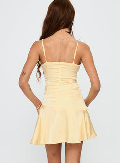 back view of model wearing Princess Polly Sunset Haze Asymmetrical Mini Dress Lemon Plunger 