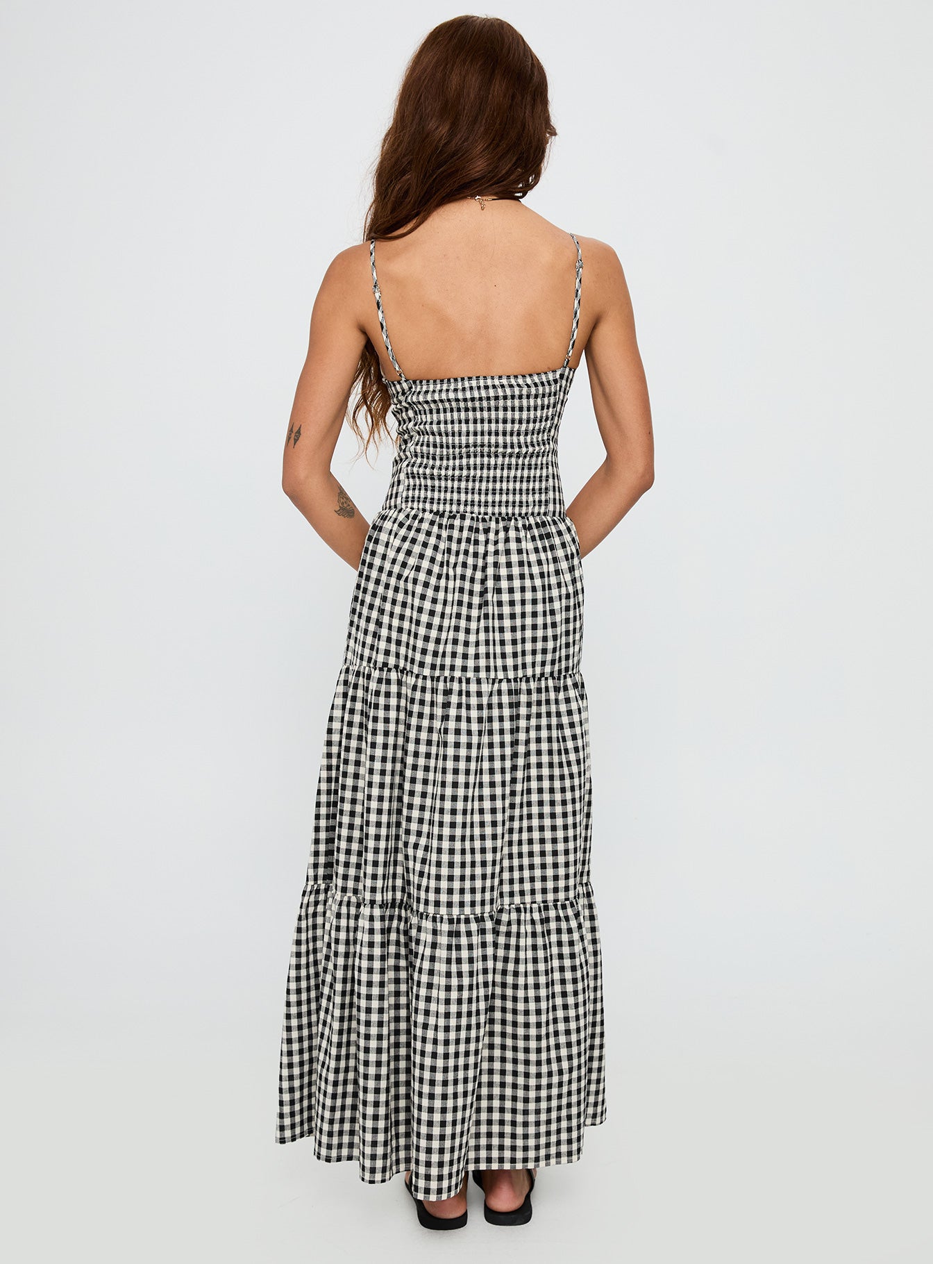 back view of model wearing Princess Polly Avaleine Tiered Maxi Dress Black / White Check Sweetheart Neckline 