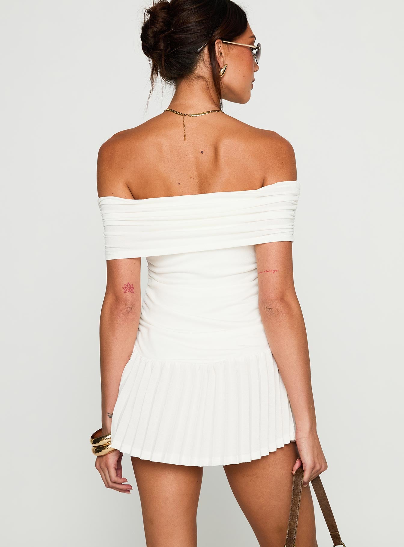 back view of model wearing Princess Polly Lucianne Off The Shoulder Mini Dress White Straight Neck 
