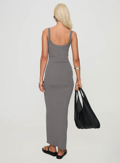 back view of model wearing Princess Polly Montwood Maxi Dress Charcoal Scoop Neck 