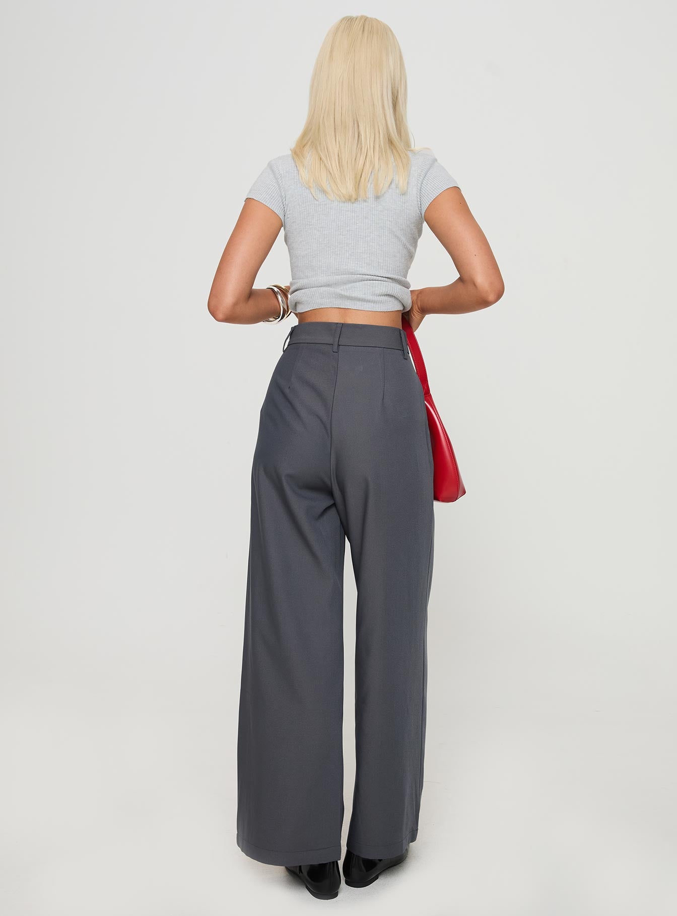 back view of model wearing Princess Polly Relaxed Pants Charcoal High Waisted Pants 